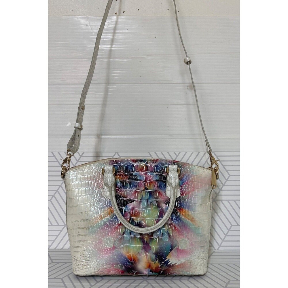 Brahmin Multicolor Croc-Embossed Leather Satchel in Cream and Rainbow - Picture 9 of 16